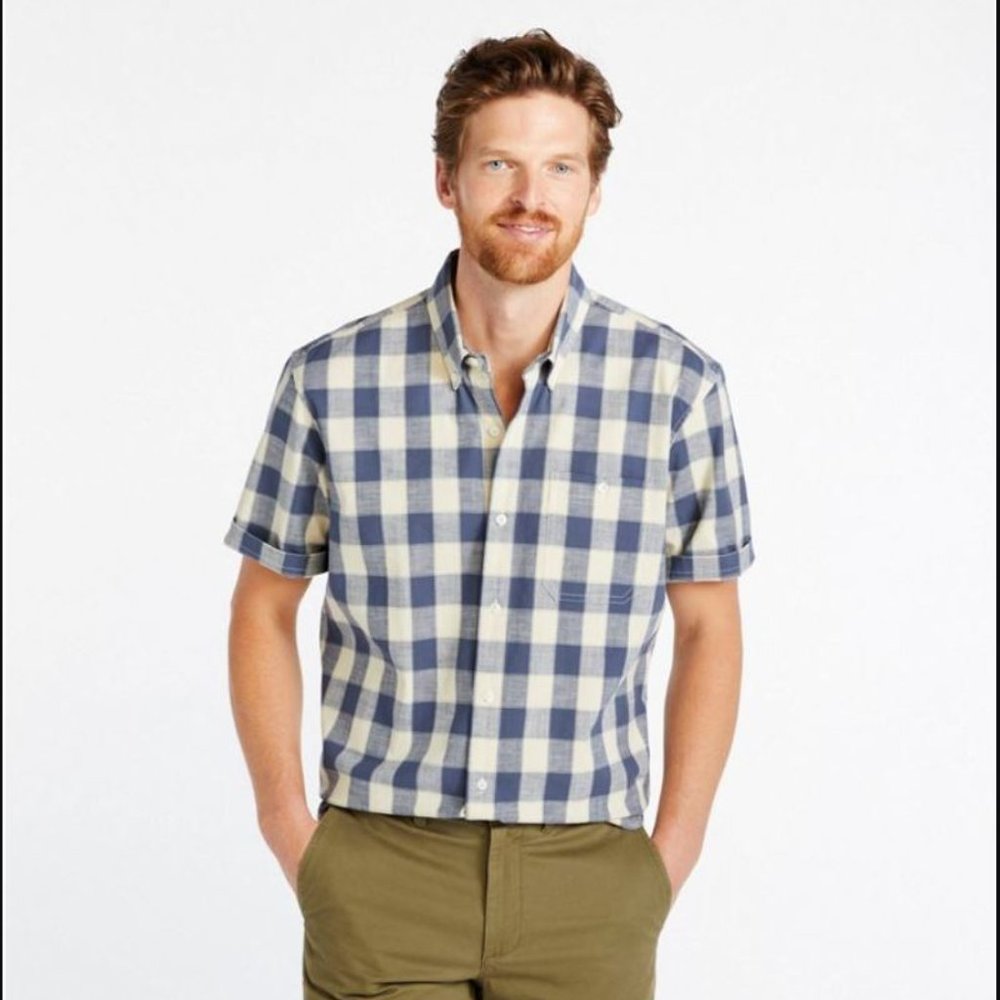 NWT LL Bean Comfort Stretch Chambray Shirt Short Sleeve Plaid
